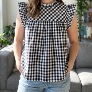 Navy White Gingham Blouse Blue Checkered Short Sleeve Top - M